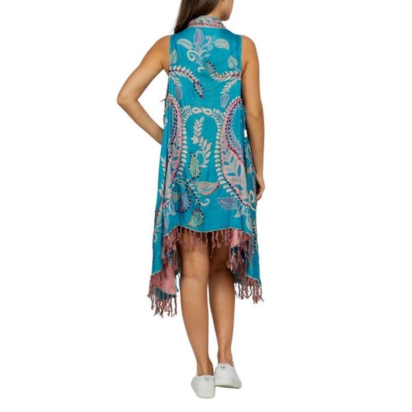 RAJ Imports Boho Embroidered Long Vest Dk Turquoise Vest Fringe 1 Size Layla - Picture 2 of 5